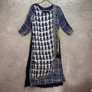 Avaasa Women's 2XL Maxi Dress Blue White Layered FLowy Side Tie‎ Beautiful Kurta